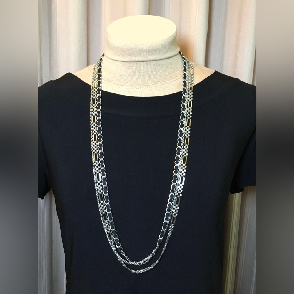 Multi-strand Silver Tone & Black Suede Ribbon Chain Necklace 37”